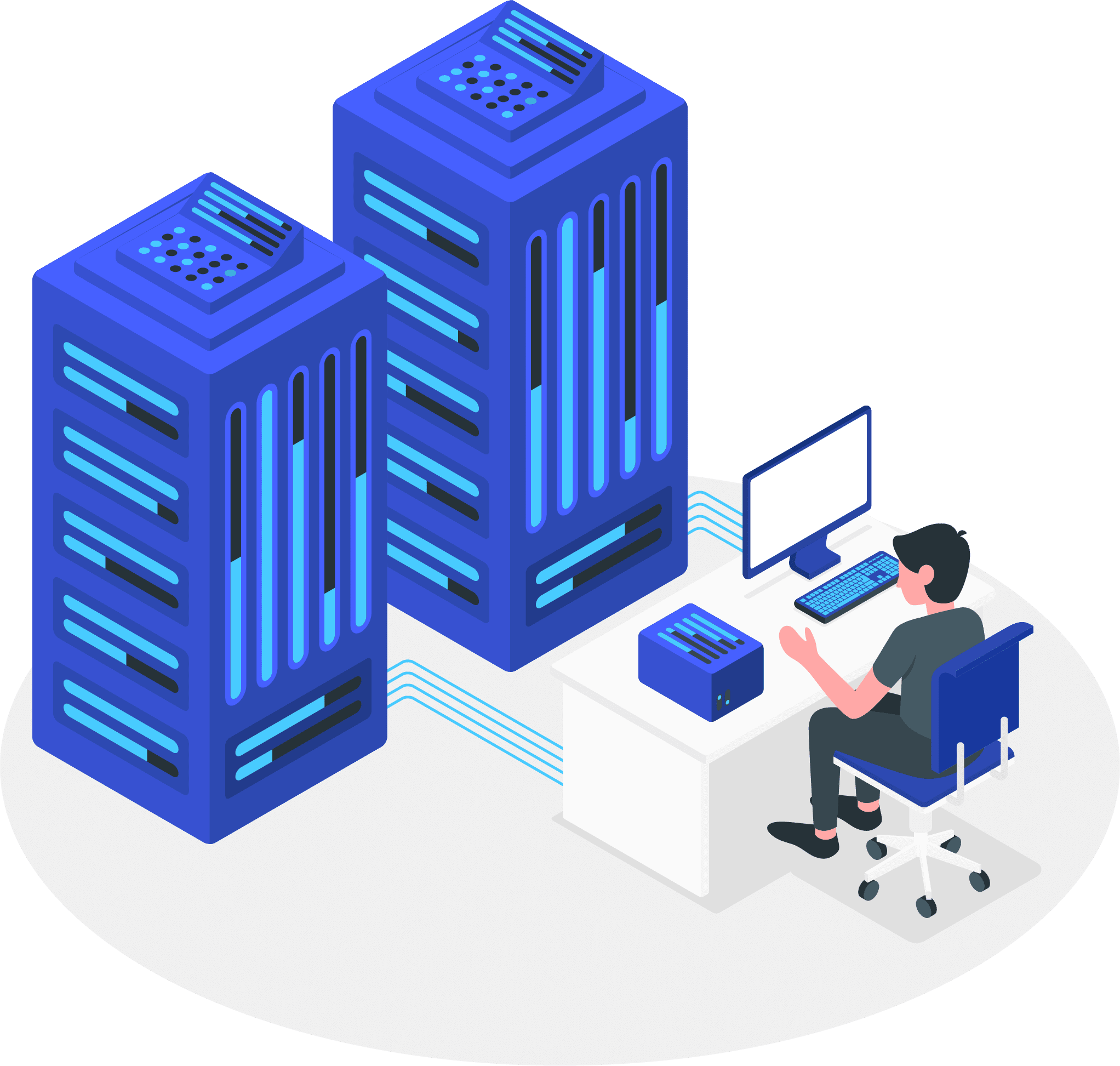 An Isometric Illustration of a Person Sitting at a Desk With a Computer and Two Large Blue Servers